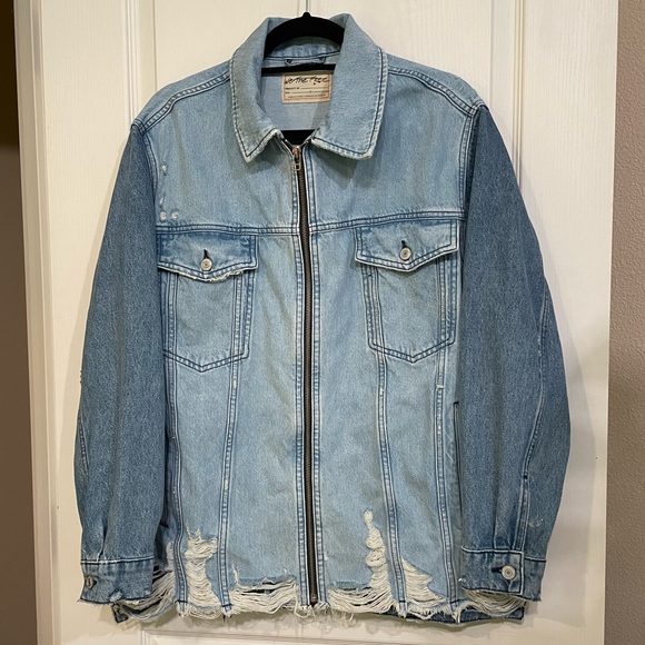 We The Free x Free People Your Dad's Denim Jean Distressed Oversized Jacket - Picture 5 of 16